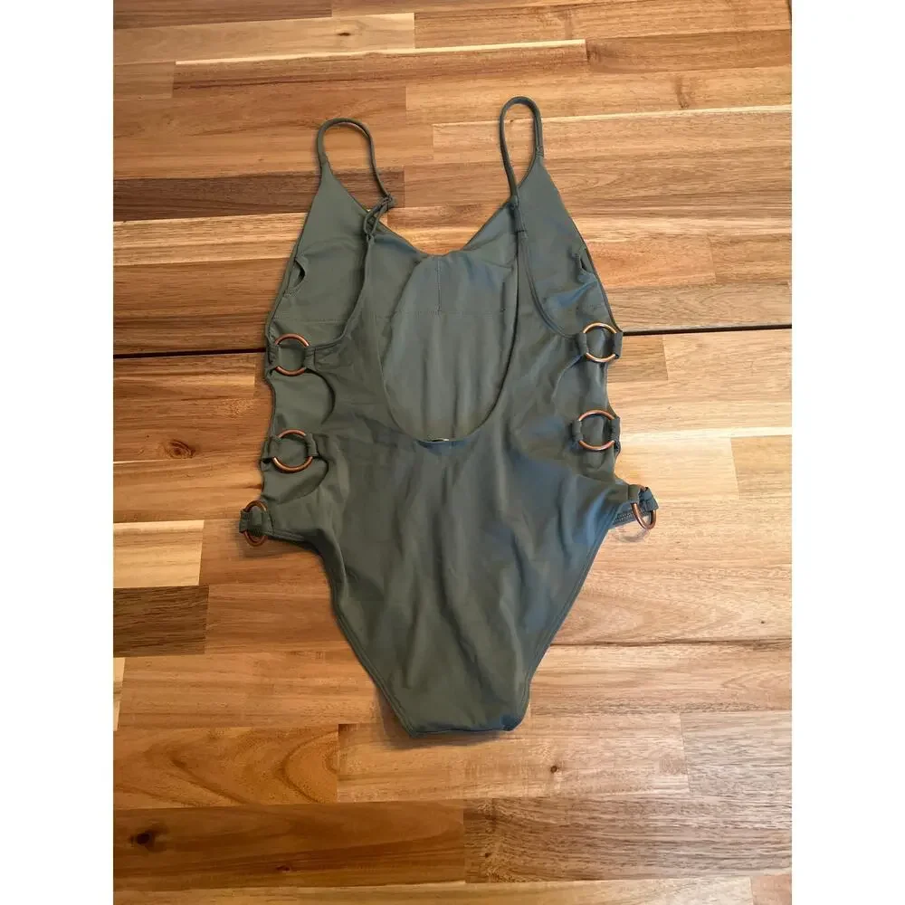 Women's Sage Green One Piece Swimsuit Ring Cutout Detail V Neck Spaghetti Straps